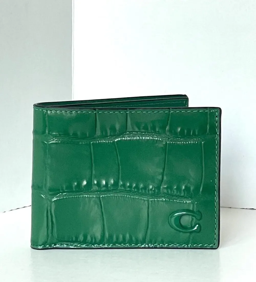 Coach CW444 Mens Ivy Green Croc Embossed Leather Slim Billfold